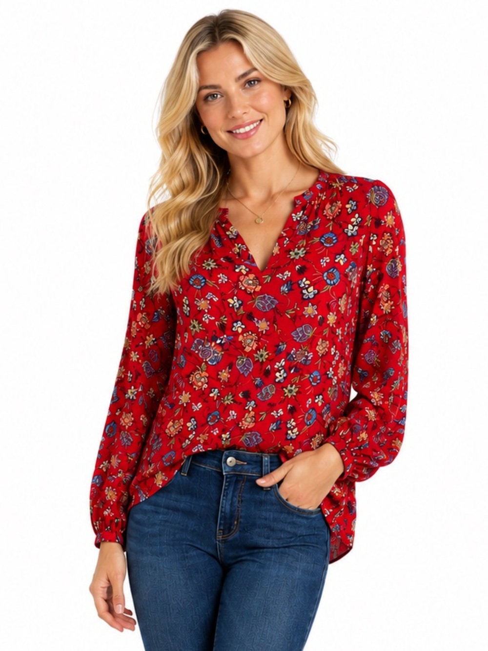 Chelsea & Theodore Red Floral Popover Top Size Large
